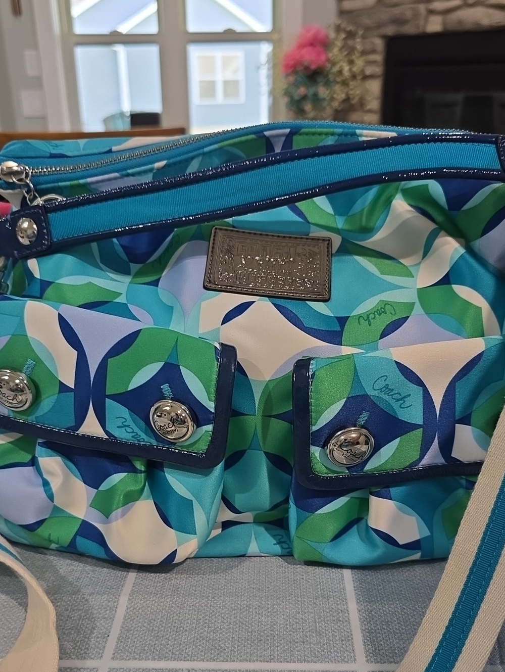 Coach Blue, Teal & Green Geometric Nylon Shoulder Bag